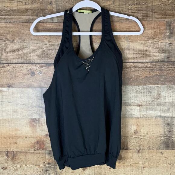 Gianni Bini Black Blouson Tankini Swimsuit Top Laser Cut Back Size Small - Picture 3 of 13